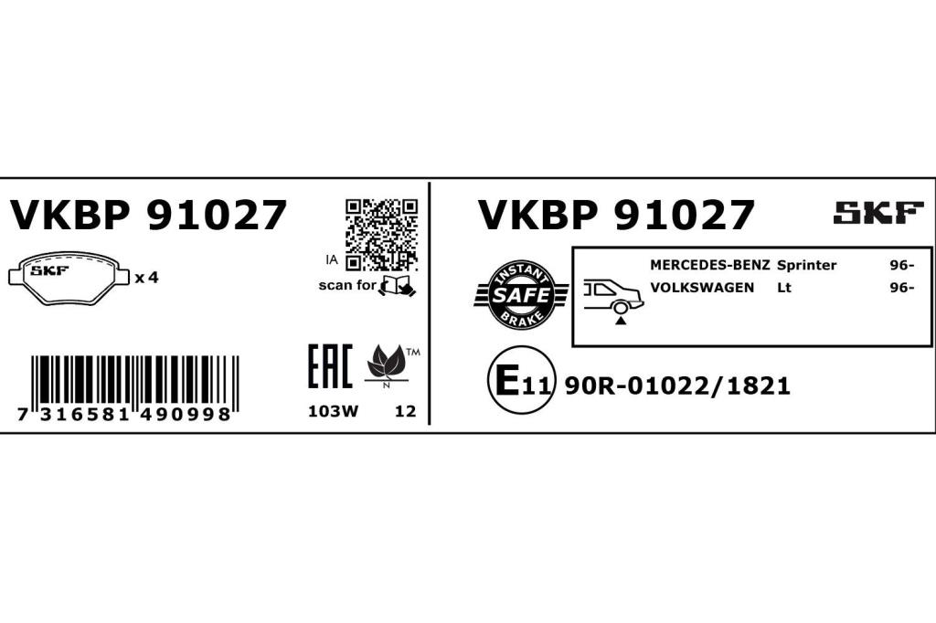 Jeu de 4 plaquettes de frein SKF ref. VKBP 91027